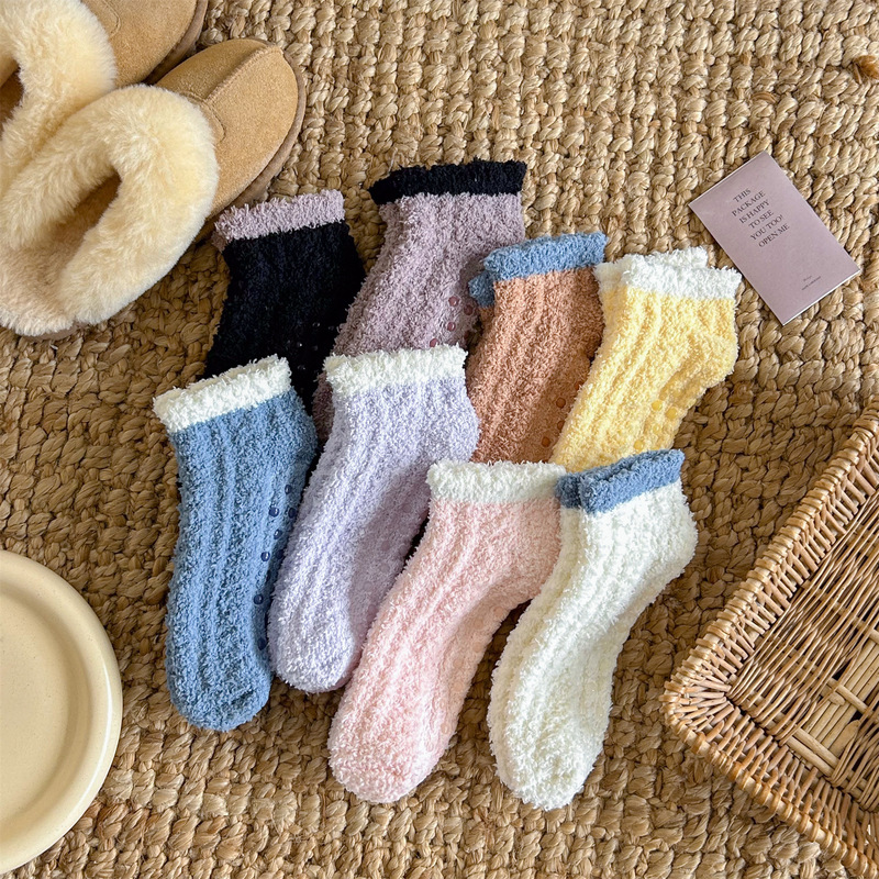 Anti-Slip Dotted Socks Amazon with Grip Anti-Slip Coral Velvet Socks Slippers Socks Cross-Border Women's Winter Floor Socks