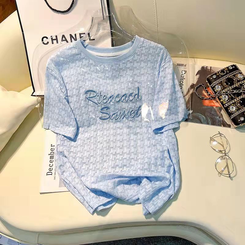 [Exclusively for Douyin Tmall] L-4Xl Jacquard Back Bag Large Size Women's Summer Letter Embroidered Large Size T-Shirt