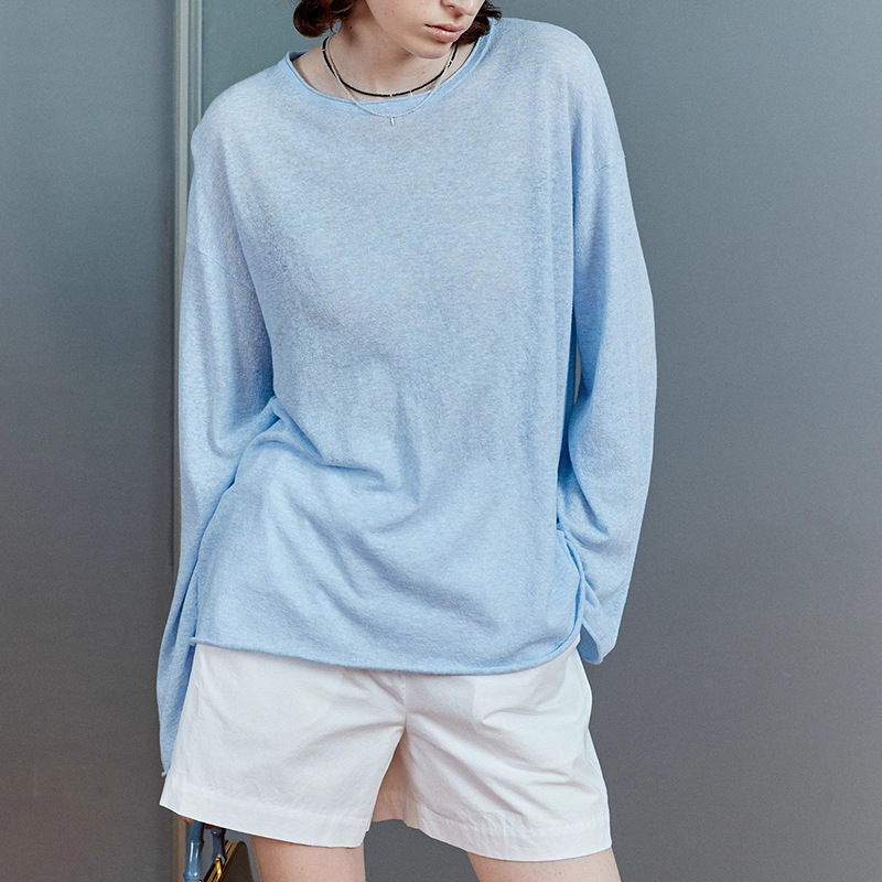 Lightweight Linen Cotton Breathable Comfortable Hazy Transparent Sense Sun Protection Air Sense Knitted Long Sleeve Blouse