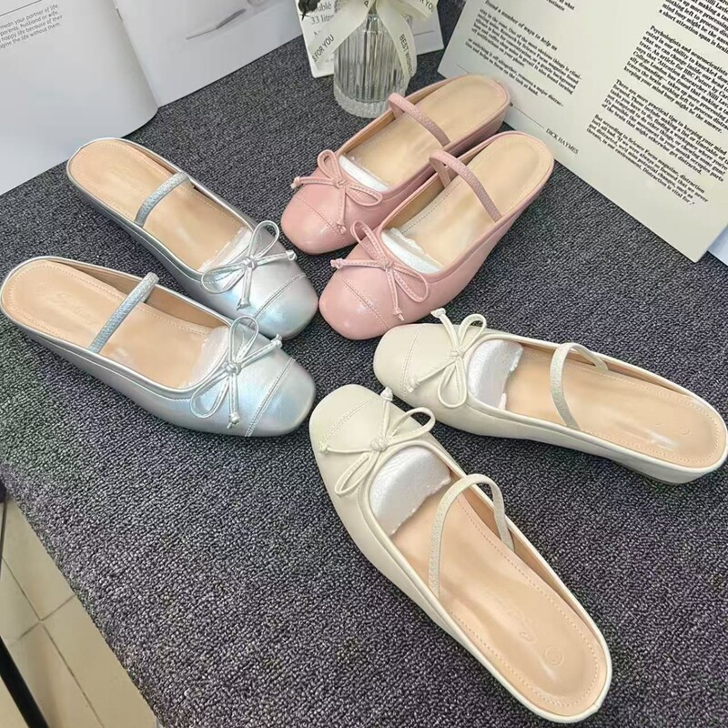 Sheepskin ~ French-Style Bowknot Half-Slip Women's Summer New Small Fragrance Evening Breeze Flat Ballet Shoes