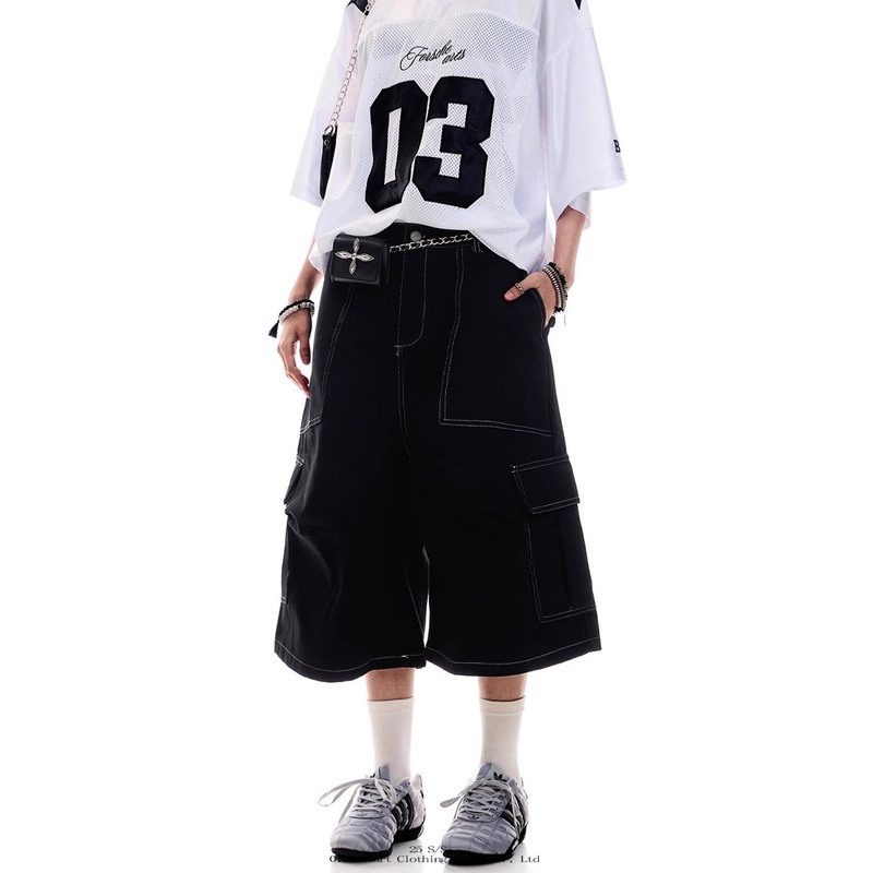 American Retro Large Pocket Cargo Shorts for Women, Summer Design Lumberjack Pants, Loose Wide-Leg Knee-Length Cropped Pants