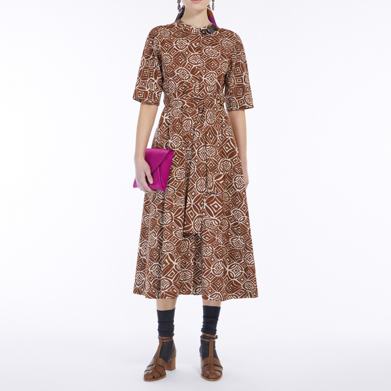 MAX small stand collar beaded cotton copper coin printed dress 2025 new waist strap retro slim dress MAX small stand collar beaded cotton copper coin printed dress 2025 new waist strap retro slim dress