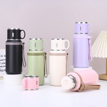 新款316不锈钢保温杯家用办公一杯双盖吊带杯户外带提绳运动水杯