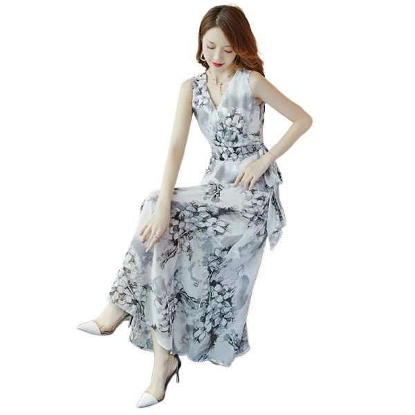 Bohemian Long Women Summer 2024 New Waist Tie Slimming Beach Vacation Chiffon Dress_ecoleips.com