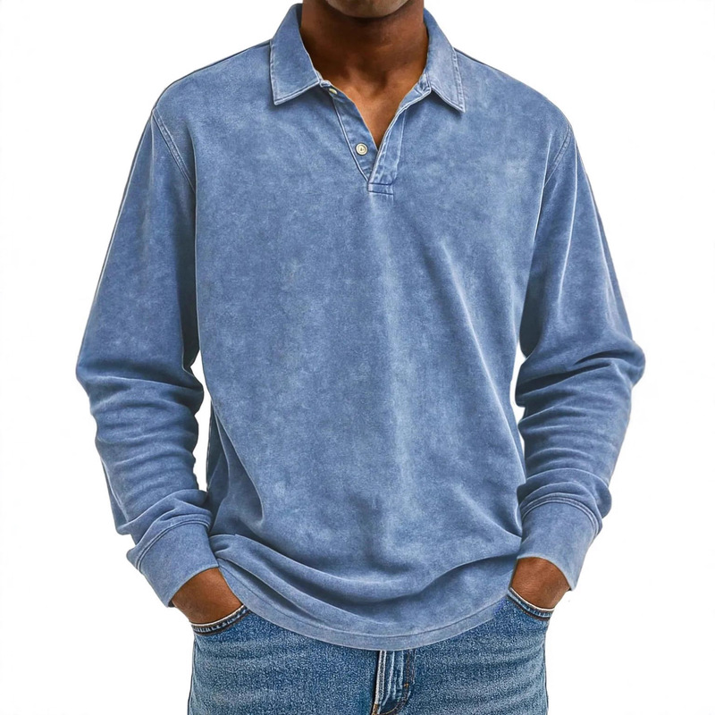 2025 Cross-Border European and American Independent Station Autumn and Winter New Men's Retro Pure Color Comfortable Loose Long-Sleeved Polo Shirt
