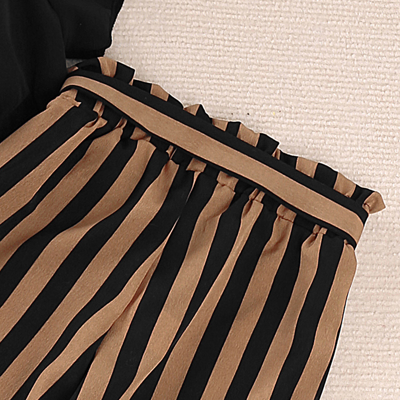 Lányka szett 2024 Nyár Új Egyvállas Rövid Ujjú Felső Csíkos Hosszú Nadrág Kétrészes Kabát Gyermekruházat_voghion.com