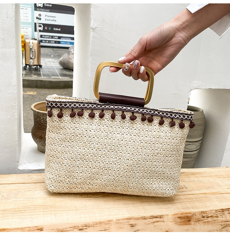 Straw Material Solid Color Pattern Women's Medium All Seasons Straw Solid Color Basic Streetwear Square Zipper Handbag Straw Bag