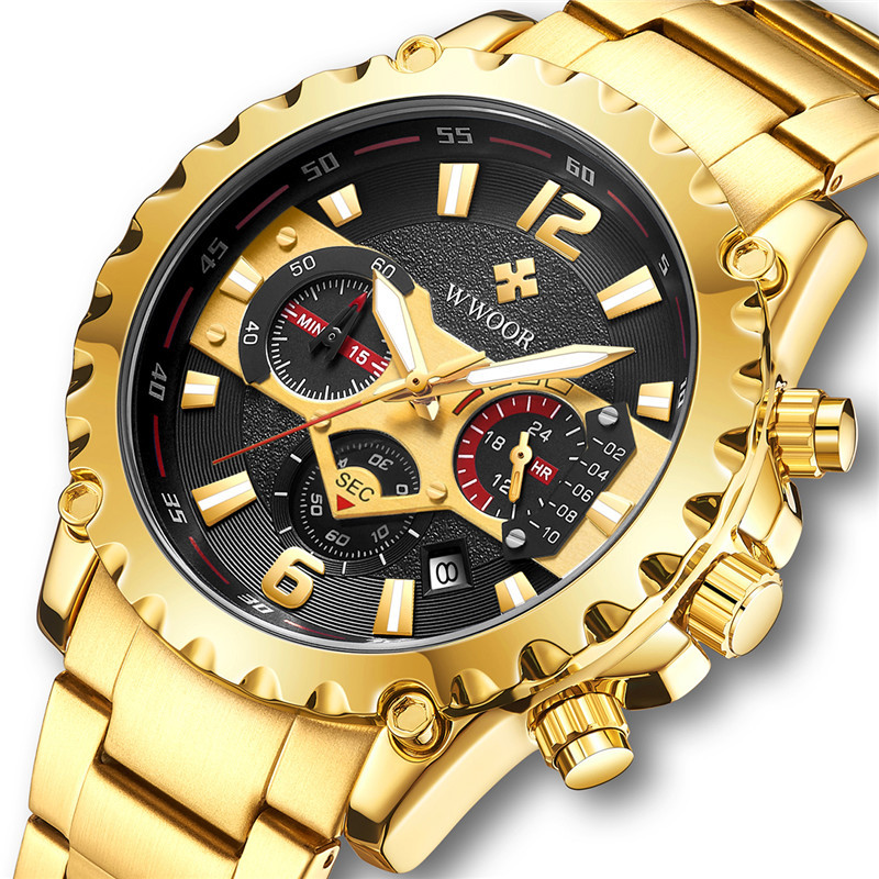 WWOOR hold Love 8880 reloj de cuarzo de correa de acero inoxidable para hombre reloj de pulsera de código de sincronización de calendario multifunción de seis pines