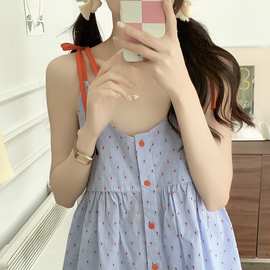 棉Korea夏季新款睡衣女套装甜美减龄撞色格纹绑带吊带外穿家居服