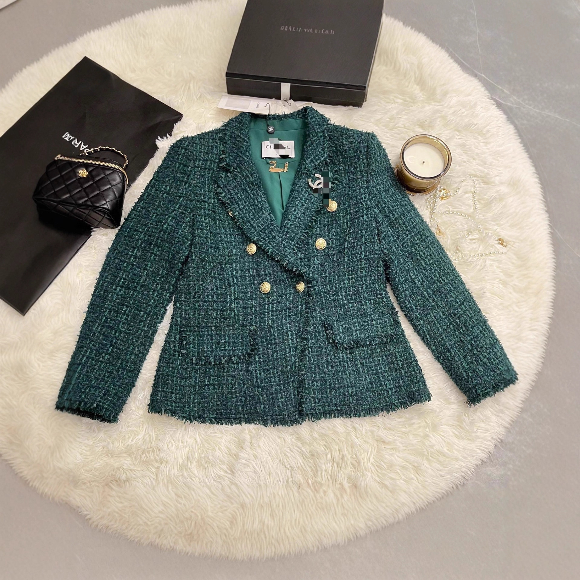 Retro Luxury Dark Green Tweed Jacket for Women Autumn New Golden Double-Breasted Classic Small Fragrance Style Celebrity Wear