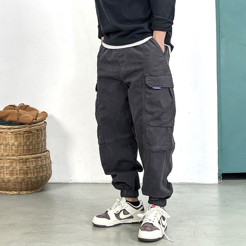 American work pants for men, suitable for spring and autumn, with a loose and spacious design, featuring a high-waisted and ankle-length cut, washed harem pants, trendy and casual pants.