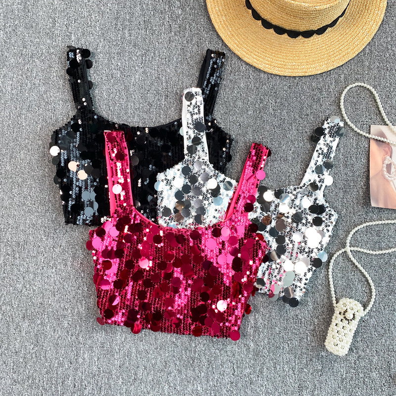 Hot Top Women's Ins Pure Desire Spice Girl Sequins Sparkling Camisole Summer Short All-Match Small Shirt Women's Outer Wear