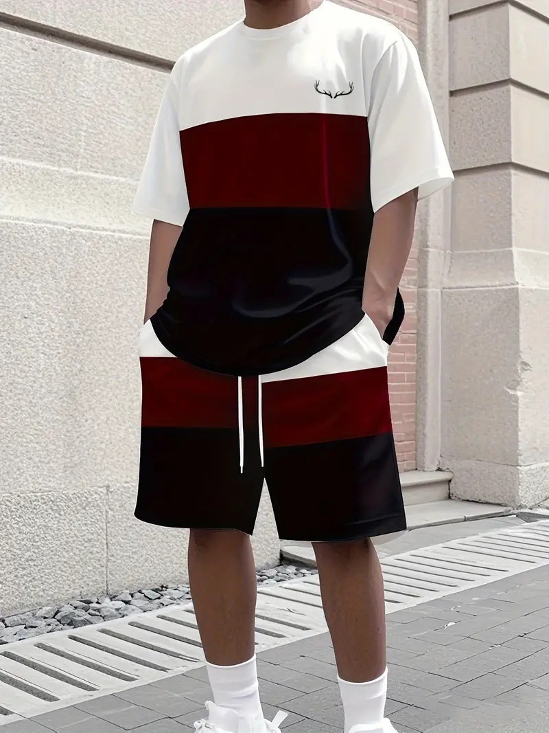 Men's Summer Gradient Letter 3D Digital Print T-Shirt And Shorts Set Trendy Casual Basic Comfortable Two-Piece Outfit_viptrois.com
