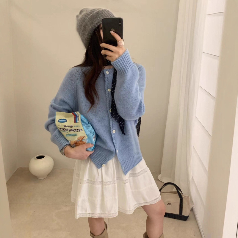 100% Wool 2025 Early Autumn New Korean Style Lazy Style Round Neck Long-Sleeved Pure Color Casual Knitwear Top for Women