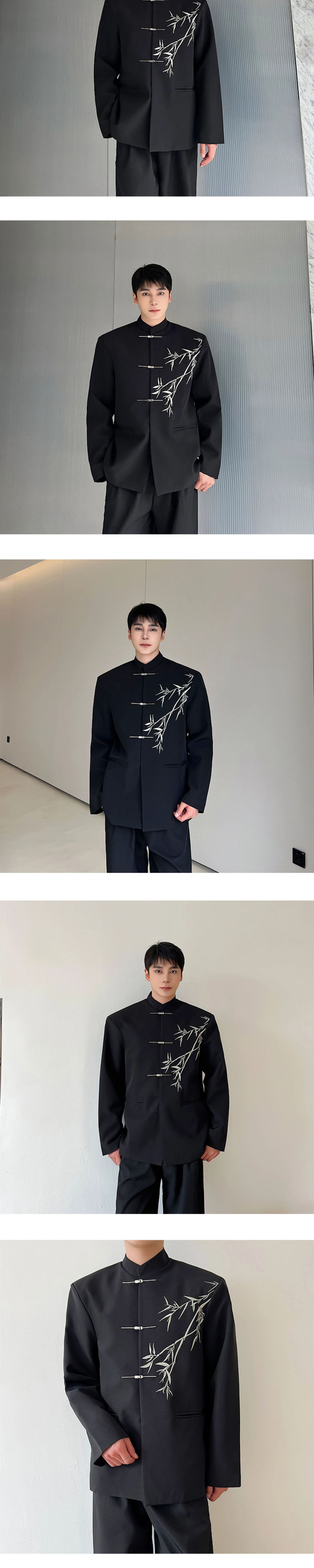 1 Yeni Çin Hafif Ulusal Üst Siyah Dik Yaka Bambu Batı Ceket Erkek İlkbahar Sonbahar Uçak Düğmesi Etnik Stil_voghion.com