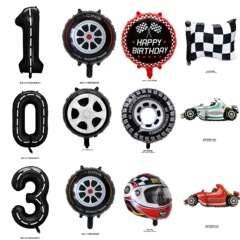 新品越境タイヤ風船18インチ白黒格子円形アルミ膜風船レーシングテーマパーティー装飾風船