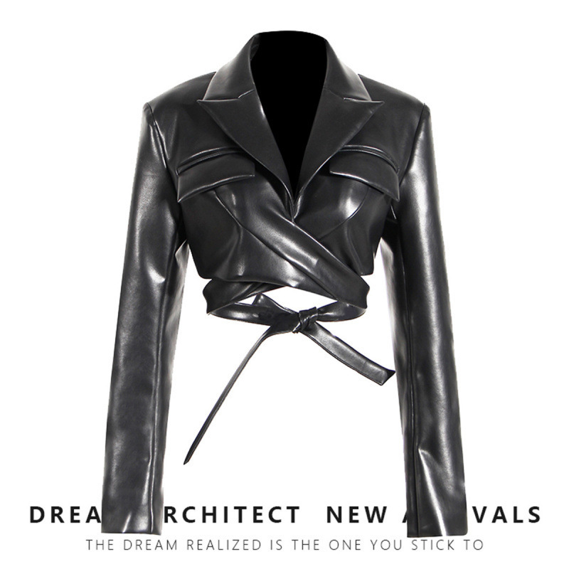 European and American Queen Style Small Suit 2025 Full Aura Cross Strap Waist-Revealing Chest Long-Sleeved Pu Leather Short Jacket for Women