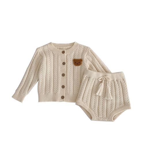 2024 Western Style Baby Set Cute Bear Outer Top Solid Color Knitted Sweater Cardigan + Shorts Two-piece Set