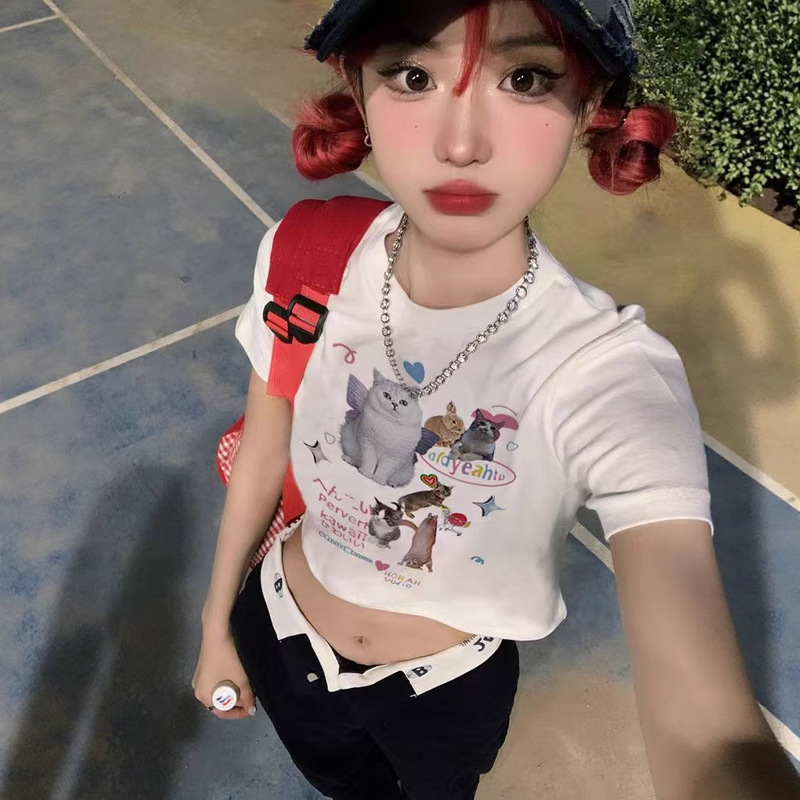 美式复古辣妹短袖T恤女2024夏修身显瘦高腰露脐短款猫咪印花上衣|undefined