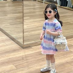 女童連衣裙2024夏裝裙子女孩甜美拉牛筋暈染漸變棉布裙短袖公主裙