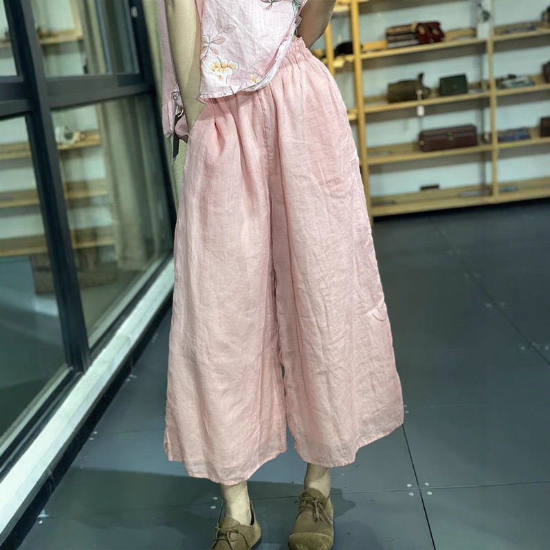 2025 new literary simple cropped pants loose casual solid color Joker double thin linen wide leg pants wholesale 2025 new literary simple cropped pants loose casual solid color Joker double thin linen wide leg pants wholesale