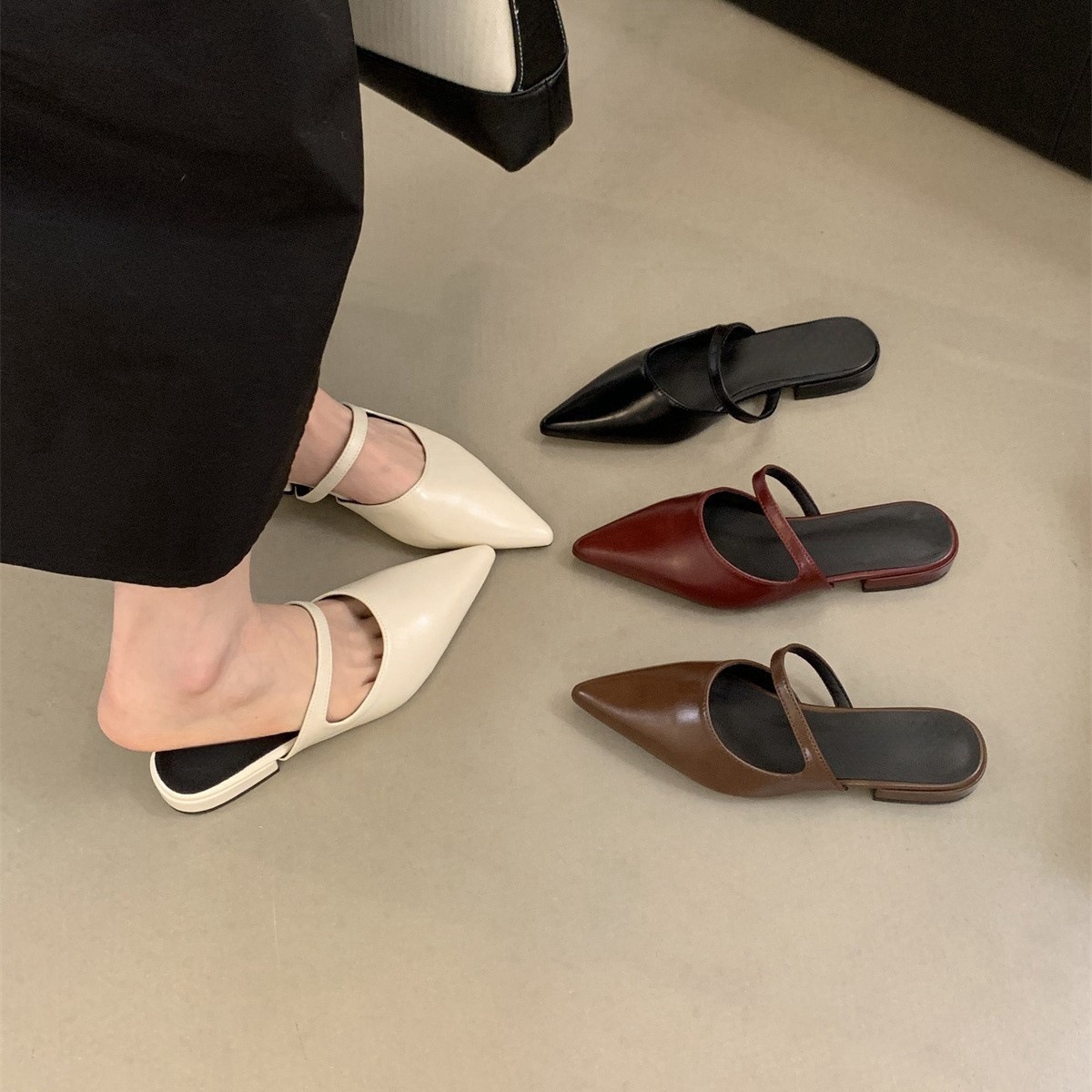 Women's summer women's slippers pointed-toe made of soft leather