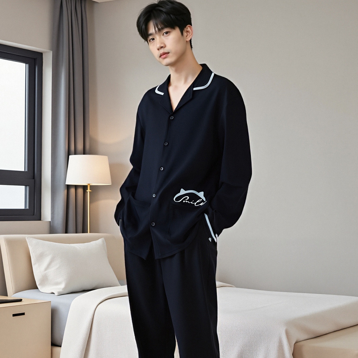 情侣款长袖睡衣女款带胸垫家居服2024新款男女棉质可外穿睡衣套装