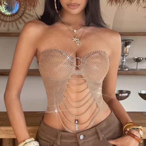 L9310Y Cross-Border Temu Women's Sparkling Rhinestone Tube Top Vest Holiday Trendy Hollow-Out Gold Top Real Shot L9310Y Cross-Border Temu Women's Sparkling Rhinestone Tube Top Vest Holiday Trendy Hollow-Out Gold Top Real Shot