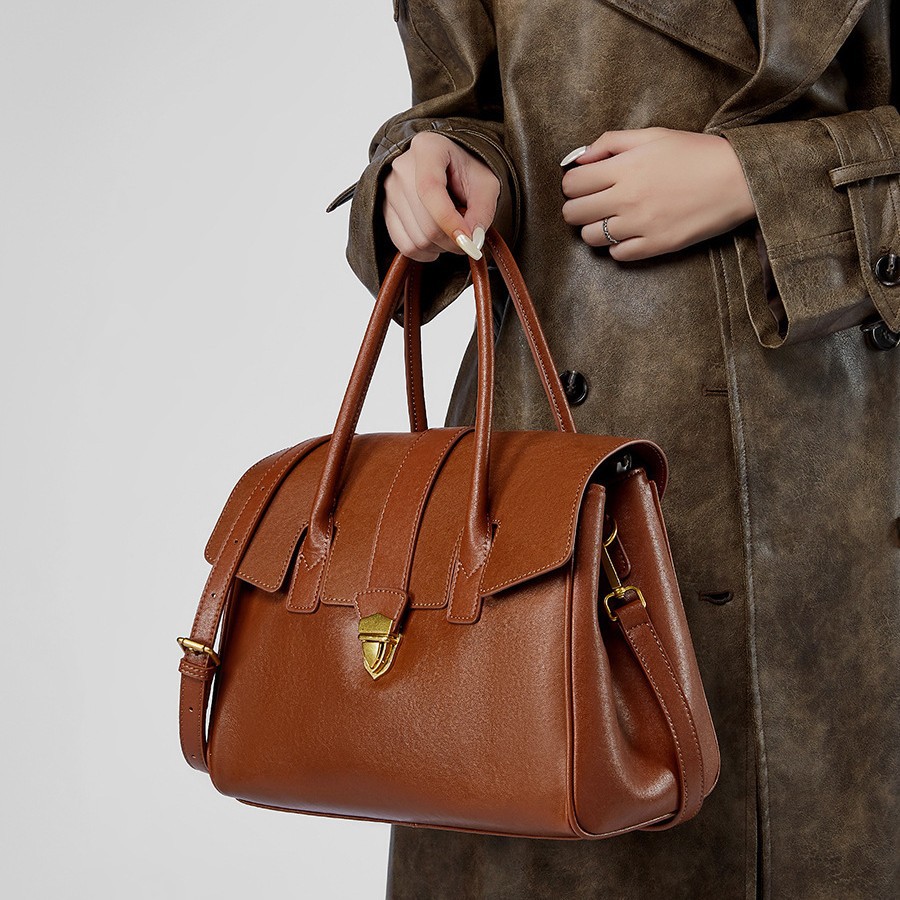 Vintage Genuine Leather Tote Bag New Cross-Border Vegetable-Tanned Cowhide Large Capacity Briefcase For Women Business Travel And Commuting - Thumbnail 3