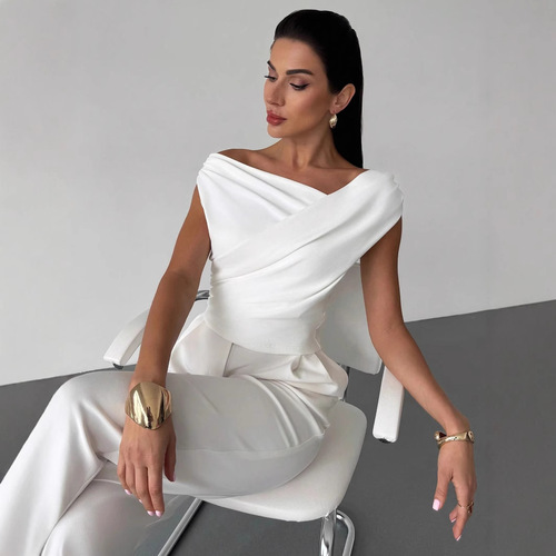 2025 European and American cross-border solid color sleeveless T-shirt women's simple style slim-fitting slim sleeveless short top