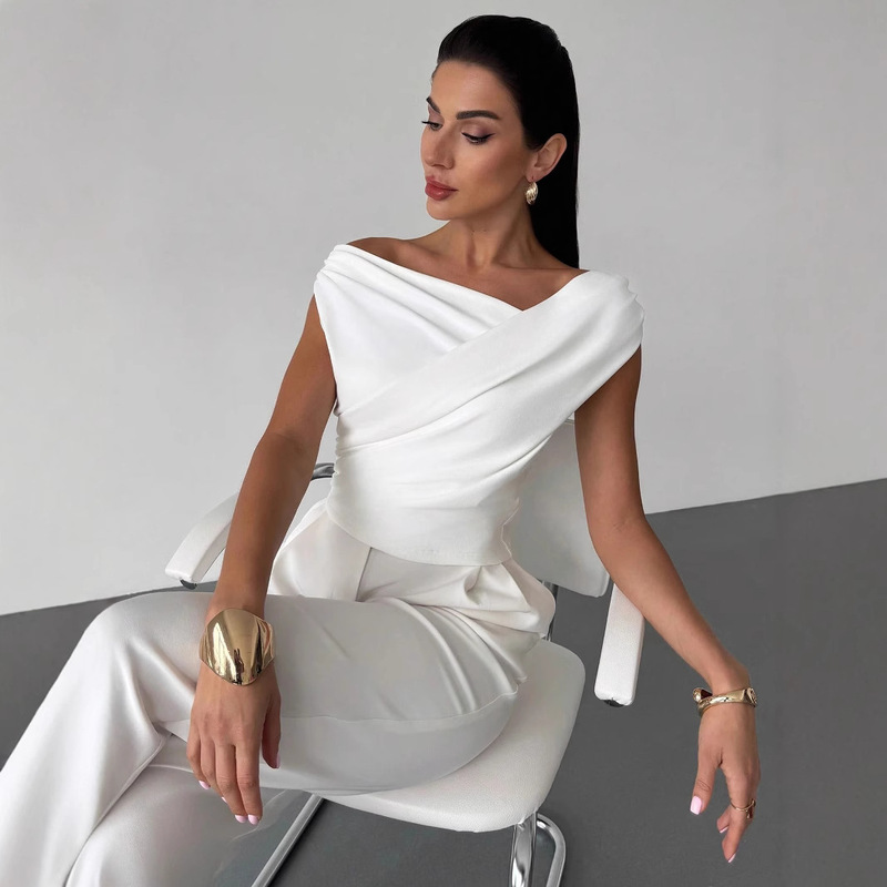 2026 European and American Cross-Border Solid Color Sleeveless T-Shirt Women's Simple Style One-Shoulder Slim Fit Sleeveless Short Top