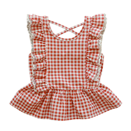Girls' Gingham Ruffled Vest 2024 Summer Sleeveless Doll Shirt 3-10 Years Children's Pure Cotton Trimmed Shirt 