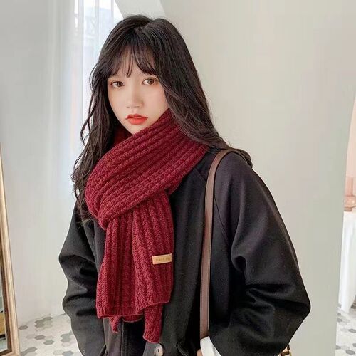Couple's Style Korean Style Plush Wool Knitted Scarf, Solid Color, for Autumn and Winter, Thick and Warm, Student-Friendly and Versatile