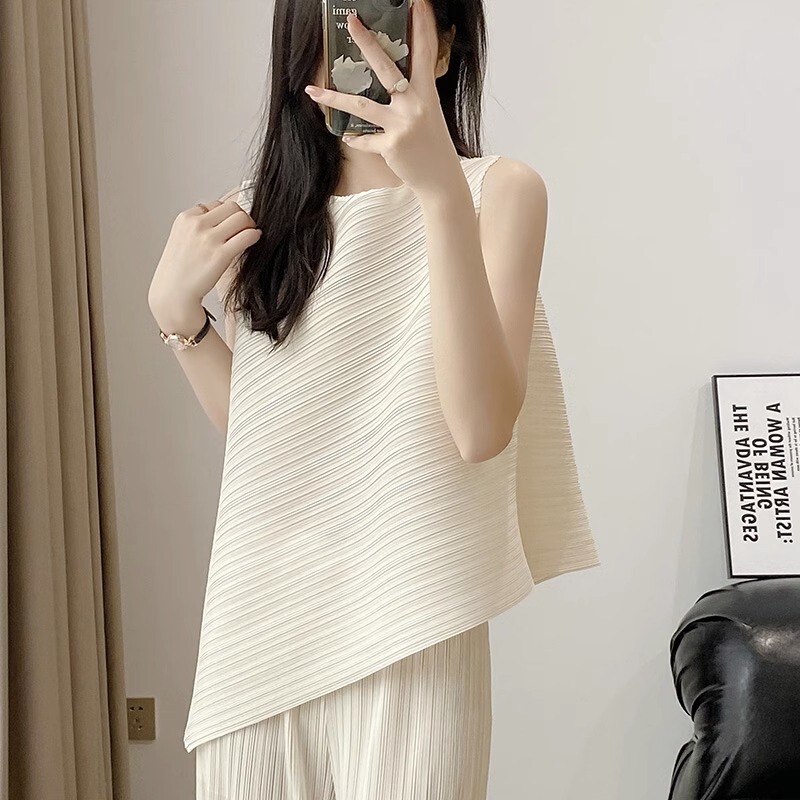 Pleated Top T-Shirt Summer Style Irregular Round Neck Elastic Plus Size Slimming Solid Color Sleeveless Short Casual Versatile