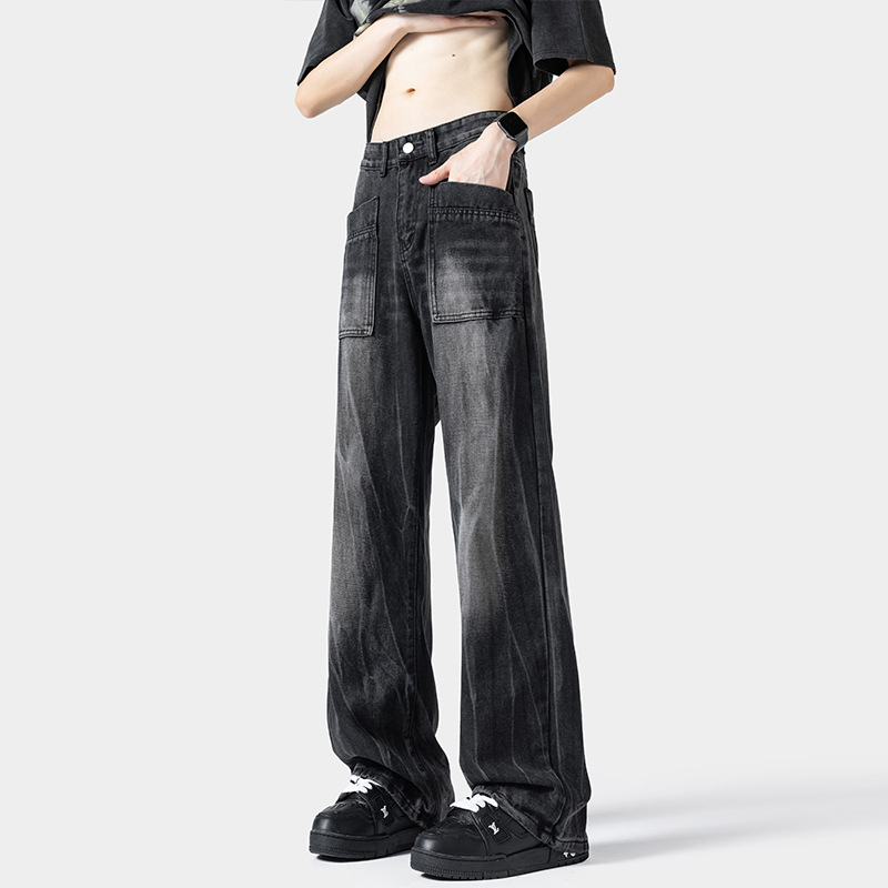 Jean homme délavé style américain, marque tendance, coupe ample, motif éclair, pantalon droit, disponible en prêt-à-porter._voghion.com