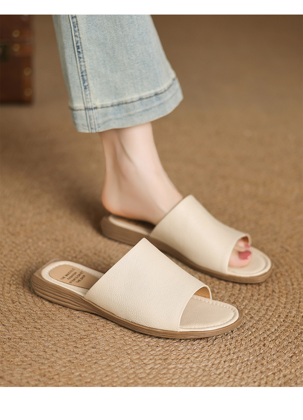 Sandal hở mũi nữ gót thấp da dê mũi vuông quai ngang — màu nâu chi tiết 12