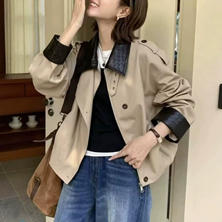 韩系英伦风拼皮撞色短外套女2026秋款设计感小个子流行短款风衣女