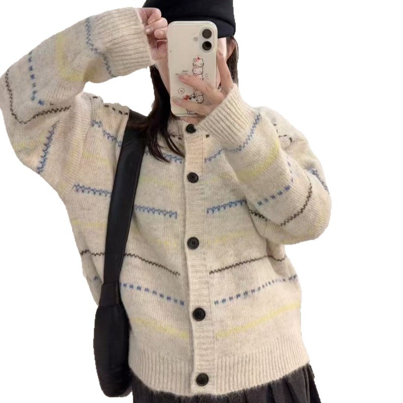 新款秋装上衣韩系条纹撞色针织开衫女宽松慵懒风减龄女装毛衣外套|undefined