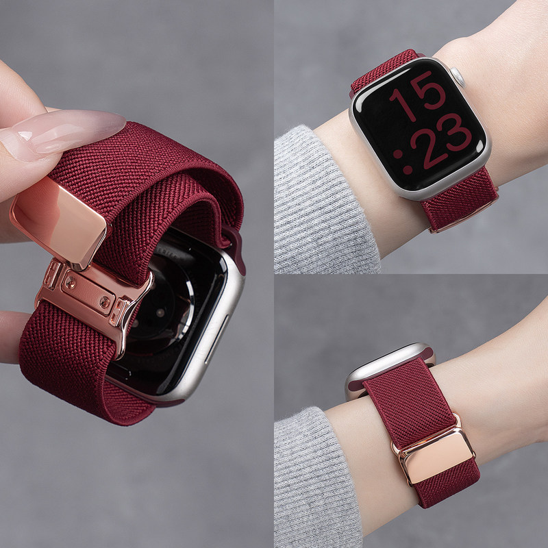 Suitable for Apple S11 Watch Strap Iwatch9 Plain Nylon Woven S10 New Model 10 Magnetic S8 Sports New Year Red