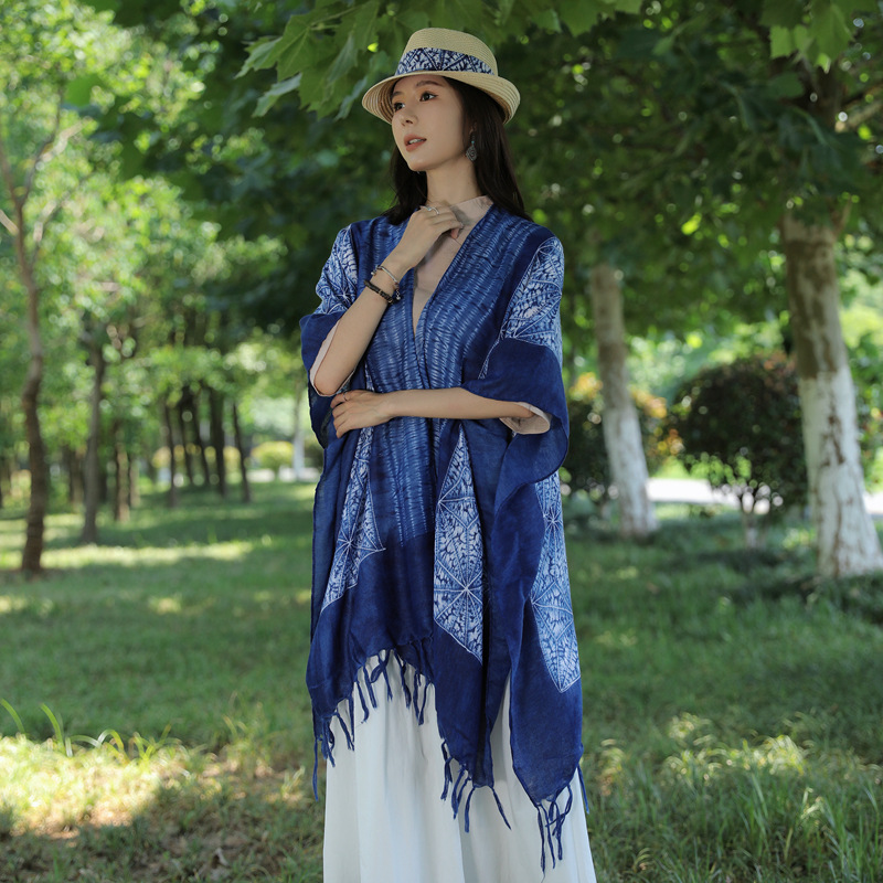 Nueva Yunnan retro tie-teñido borla bufanda estilo étnico viajes protección solar exterior chal artístico todo-fósforo cardigan para las mujeres