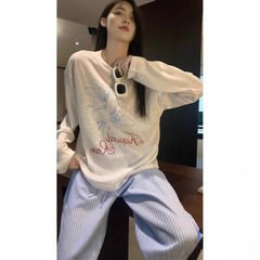 【工場現物】怠惰な長袖丸首プリントtシャツ女性夏のゆるい日焼け止めブラウスの薄い上着