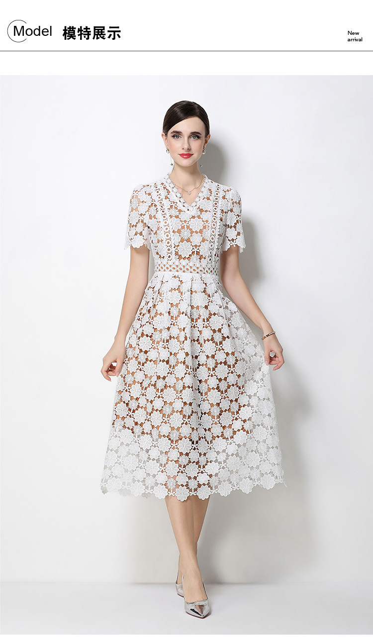 Đầm maxi nữ cổ V ren thắt eo tay ngắn họa tiết rỗng — màu đen, Rượu vang đỏ, màu hồng đậm, màu trắng chi tiết 81