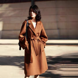 【盛泓】秋冬新款M家手工双面呢水波纹毛呢外套羊毛羊绒大衣女