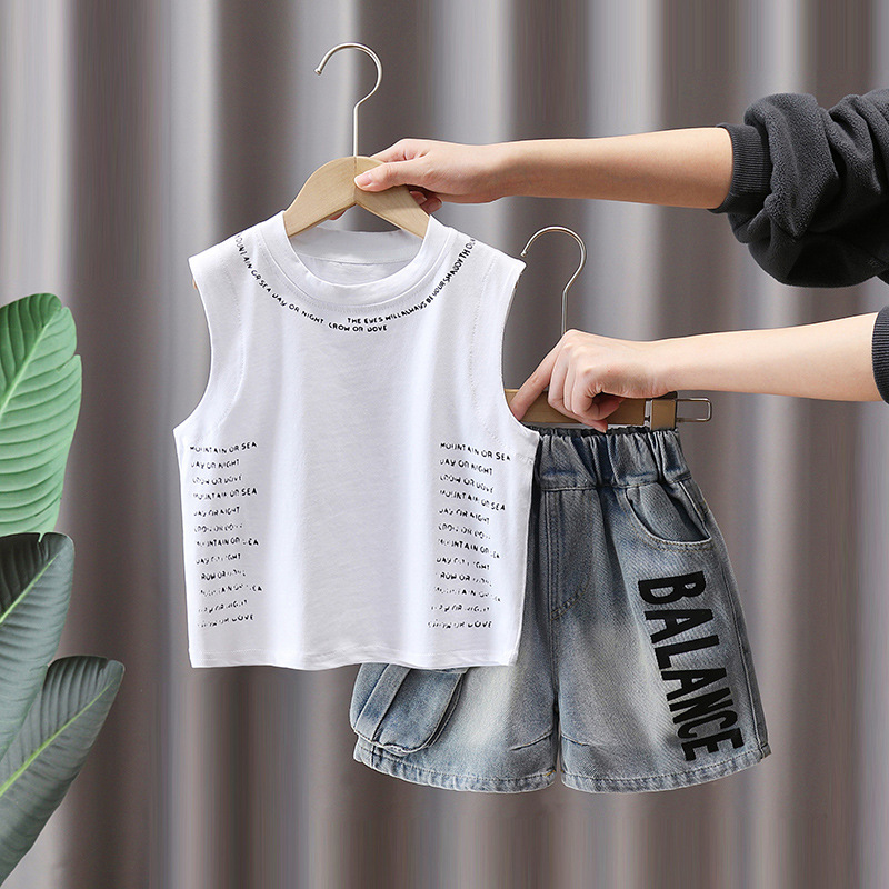 7267 Traje de verano para niños Estilo occidental Chaleco rosa sin mangas de verano para niños Pantalones cortos de mezclilla 2025 Nueva marca de moda