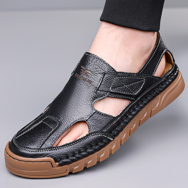Zapatos de verano para hombres con suela suave transpirables zapatos casuales con un pie de calzado, sandalias de cuero vacías cosidas a mano