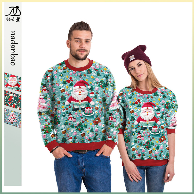 New Christmas Couple Sweatshirt Autumn Pink Christmas Tree Red Socks Santa Claus 3D Digital Printed Top