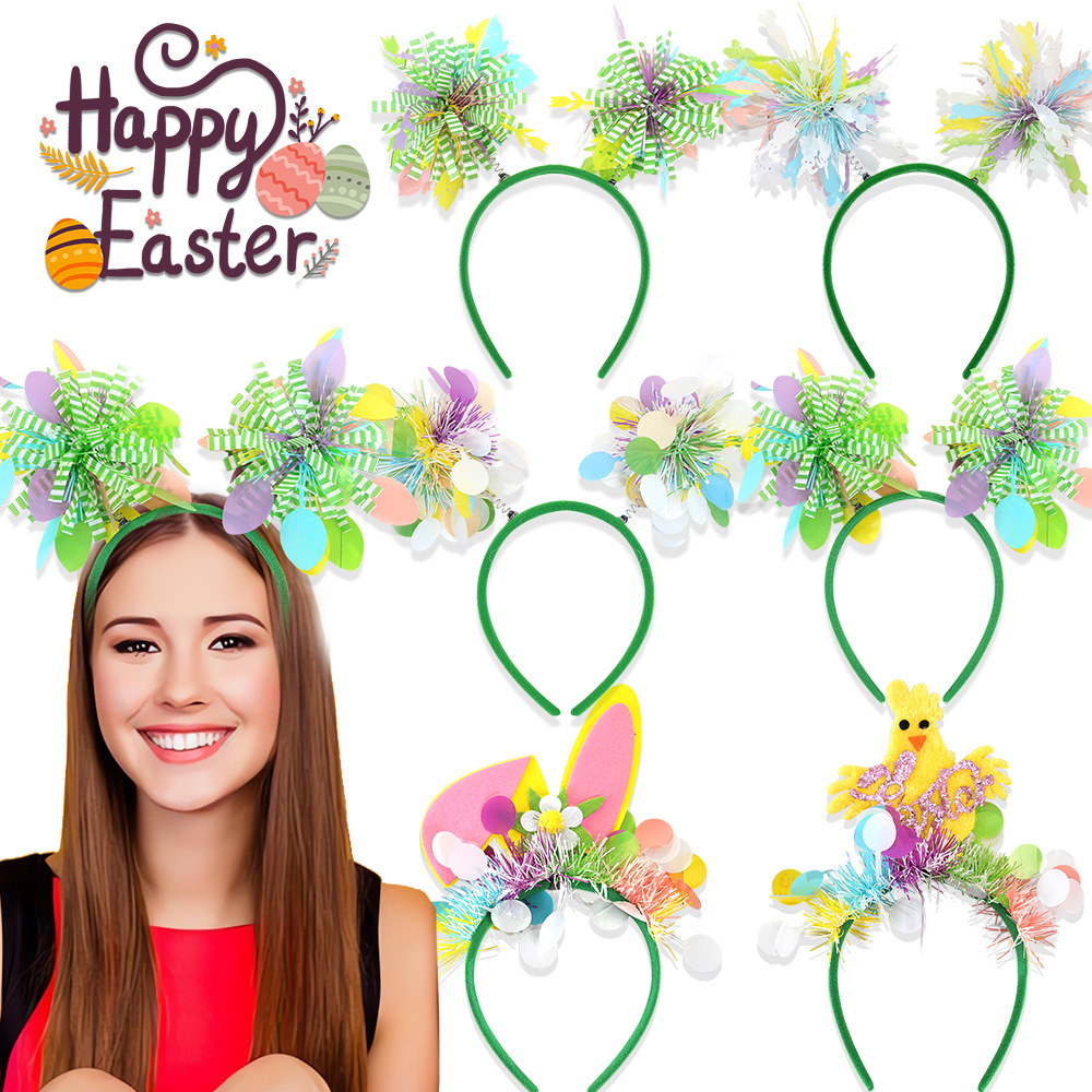 Decoración de Pascua para el cabello para adultos, vestido de vacaciones para niños, huevos de conejo, bolas de seda de lluvia, bandas de cabello para las orejas de la correa