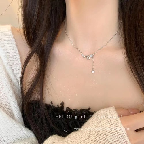 Exquisite five-pointed star zircon tassel necklace for women, light luxury niche, versatile, gentle and temperament clavicle chain