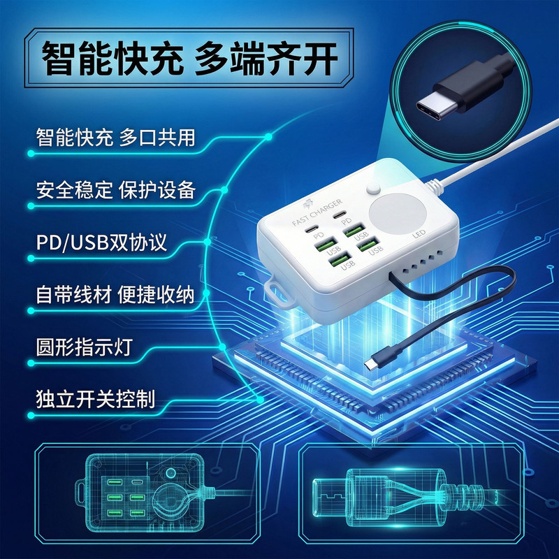 4-USB mobile phone charger socket with night light, household 2-PD port power strip, multi-USB charging power strip for tablets 4-USB mobile phone charger socket with night light, household 2-PD port power strip, multi-USB charging power strip for tablets