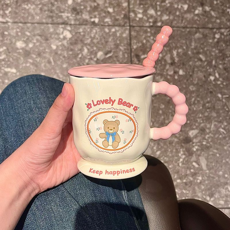 可爱卡通小熊马克杯带盖勺杯子高颜值家用陶瓷水杯生日礼物送女生|undefined